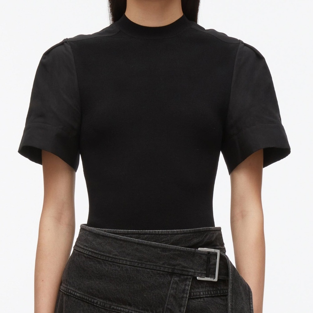 3.1 Phillip Lim Compact Rib Top with Contrast Sleeves | Black | Size M